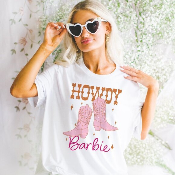Pink and Orange Distressed Howdy Barbie Western White T Shirt - Picture 2 of 5